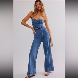 Free People Femme Fatale Blue Flare jumpsuit